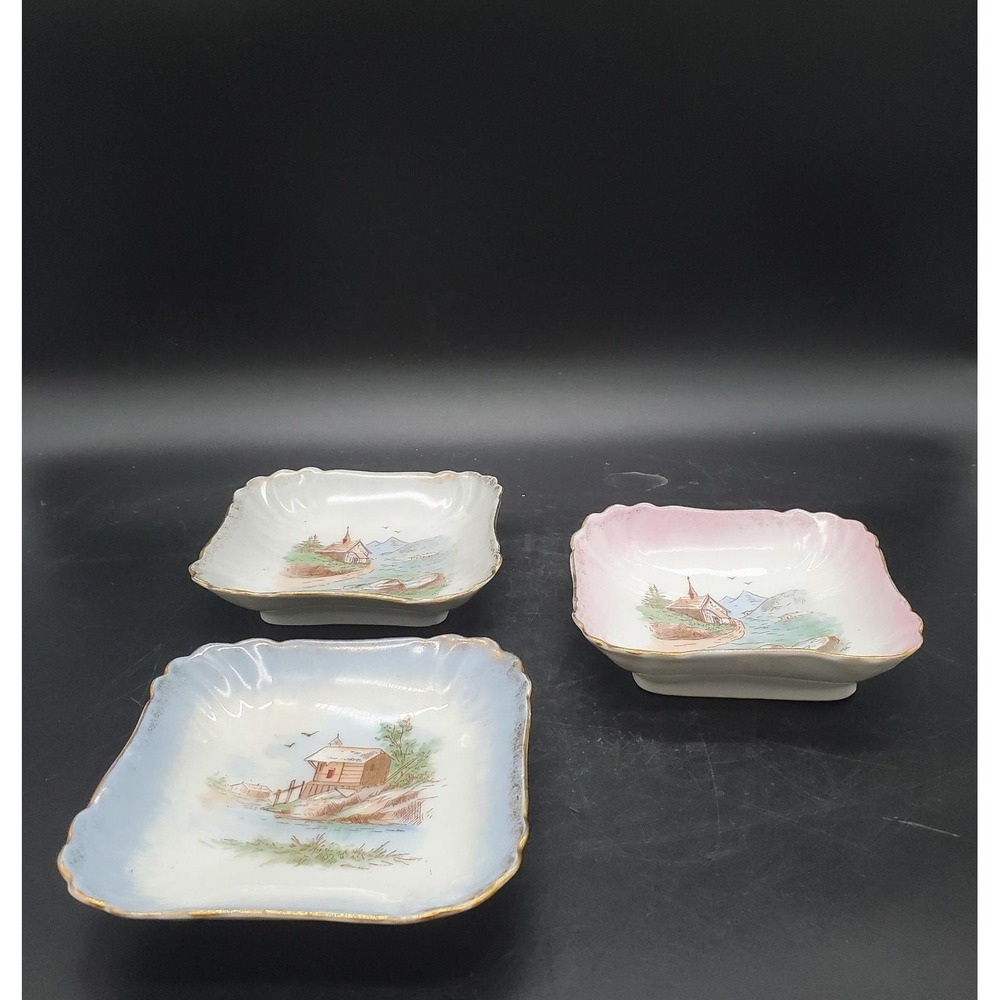 Vintage Set Of 3  Porcelain Trinket Dishes Carlsbad‎ Austria Hand Painted Square
